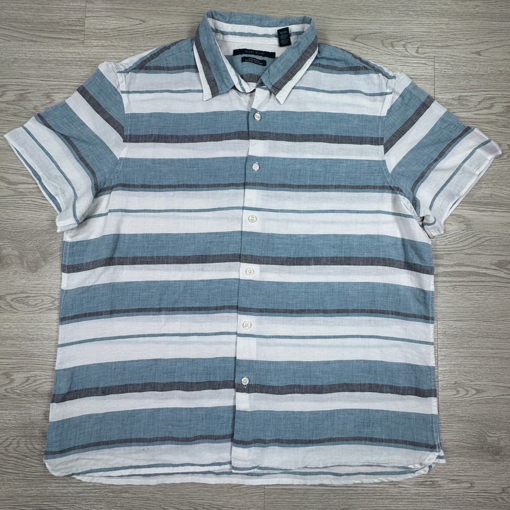 Perry Ellis Mens Shirt XL Linen Blend Short Sleeve Striped Blue White Casual